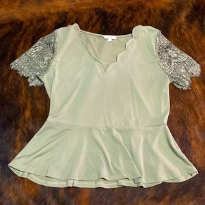 Olive Green Blouse with Lace Sleeves- Size L